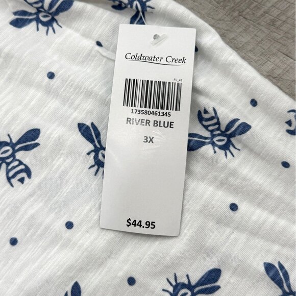 Coldwater Creek Bee Print Top Short Sleeve River Blue White Womens Size 3X NEW - Picture 5 of 9